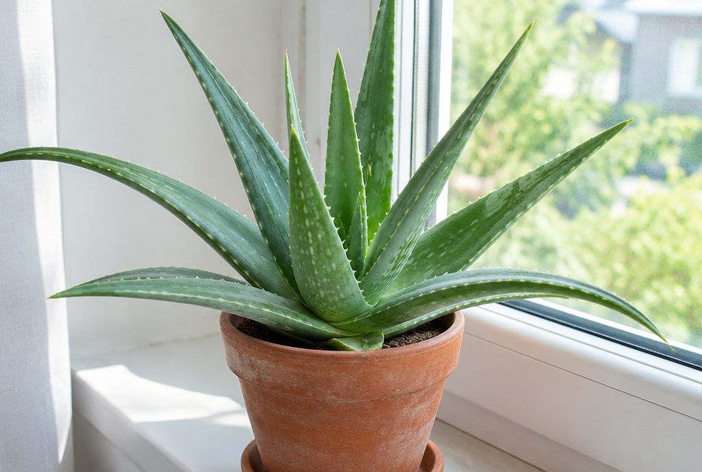Aloe vera in a terracotta pot on a white window sill with bright daylight outside