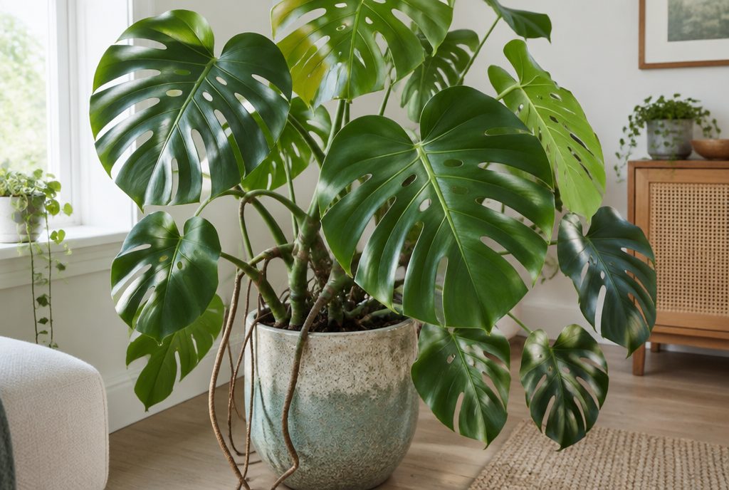 Large Monstera deliciosa with split, perforated leaves in a ceramic pot by a window, aerial roots hanging over the rim